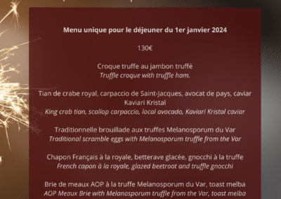 Le menu du déjeuner du 1er janvier 2024 à La Place de Mougins est affiché avec plats raffinés et détails en français.