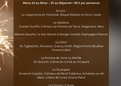 Menu de Noël de L'Amandier affichant des plats raffinés avec fruits de mer, viandes et desserts, à 85 € par personne pour dîner.