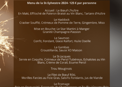 Menu de la Saint-Sylvestre de L'Amandier, proposant des plats raffinés comme le bœuf et l'huître. Prix: 125€ par personne. Feux d'artifice illustrés.