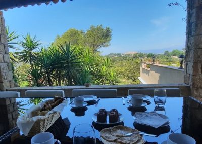 Dîner en plein air avec vue sur la végétation luxuriante et la mer à l'horizon, table dressée avec pain et boissons.