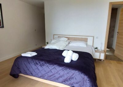 Une chambre moderne avec un lit double, drap bleu, serviettes pliées, parquet, et une affiche encadrée au mur blanc.