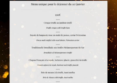 Menu gastronomique de La Place de Mougins, avec six plats raffinés à base de truffe, proposé pour le déjeuner du Nouvel An.