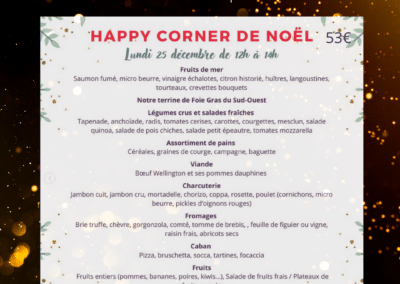 La Lune de Mougins propose un menu de Noël varié, incluant fruits de mer, foie gras, viandes, charcuterie, fromages, fruits et desserts festifs.