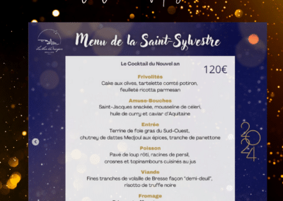 La Lune de Mougins présente un menu de la Saint-Sylvestre avec des plats raffinés, inclus à 120€, sur un fond festif.