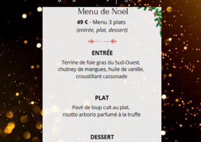 Menu de Noël de La Lune de Mougins : entrée au foie gras, plat de loup, dessert bûche chocolat. Disponible du 20 au 30 décembre.