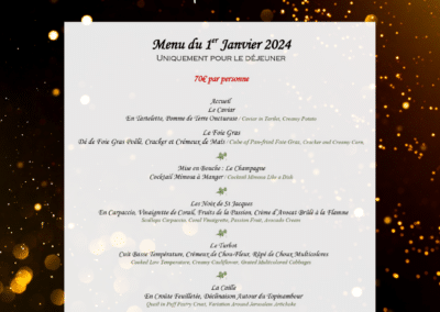 Menu de l'Amandier pour le 1er janvier 2024, affichant divers plats raffinés, à 70€ par personne. Fond sombre avec lumières dorées.