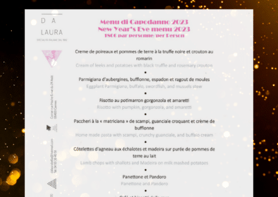 Menu festif du Nouvel An chez Da Laura, mets italiens variés, prix de 150€ par personne, ambiance élégante et festive.