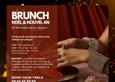Carte promotionnelle pour un brunch de Noël et Nouvel An à La Vidaa. Bijoux brillants, mains élégantes, détails festifs et raffinés.