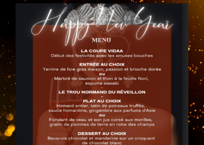 Un menu de réveillon du Nouvel An chez La Vidaa, comprenant plusieurs plats au choix et desserts, au prix de 165 € par personne.