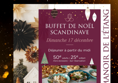 Un flyer pour un buffet de Noël scandinave au Manoir de l'Étang, dimanche 17 décembre, avec décoration festive et détails de réservation.