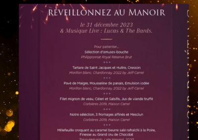 Menu de réveillon au Manoir de l’Étang, 31 décembre 2023, avec dîner gastronomique et musique live de Lucas & The Bards.