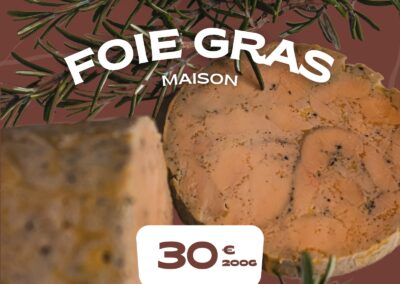 Foie gras maison présenté avec brindilles de romarin. Prix indiqué : 30 euros pour 200g. Contact pour pré-commandes par email.
