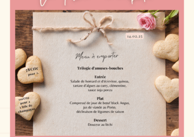 Ceci est une carte de menu d’un restaurant, "La Flora - à emporter," avec des détails sur les plats et les prix pour deux personnes.