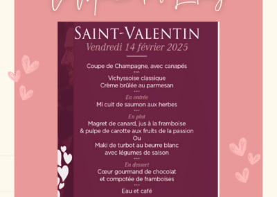 Menu de Saint-Valentin au Manoir de l'Etang, présentant un dîner gastronomique avec options de plats variés et boissons, pour le 14 février 2025.