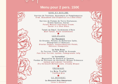 Menu de L’Amandier, à emporter, propose des plats raffinés pour deux personnes à 150€, incluant mise en bouche, plats, fromage, et dessert.