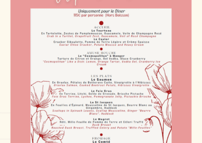Menu du restaurant L'Amandier, dîner gastronomique, plats variés incluant caviar, saumon, foie gras, canard, fromage et dessert thématique. Prix: 115€ hors boisson.