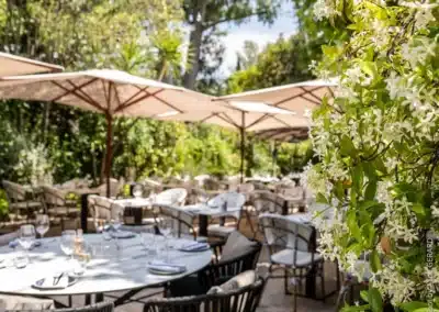 Une terrasse de restaurant élégante, ornée de fleurs blanches et ombragée par de grands parasols, crée une atmosphère estivale et relaxante.