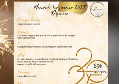 Menu du 1er janvier 2025 au restaurant La Flora, présentant des amuses-bouches, entrées, plat, fromage, dessert pour 65€ par personne.