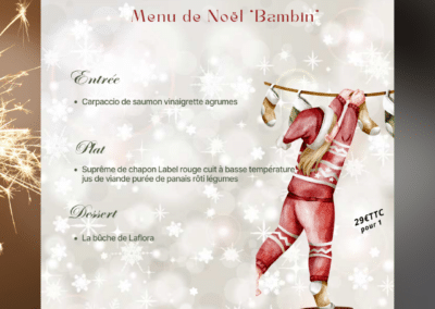 Affiche de menu de Noël "Bambin" chez La Flora, avec illustration festive d'un enfant en costume rouge et guirlandes scintillantes. Prix: 29€TTC.