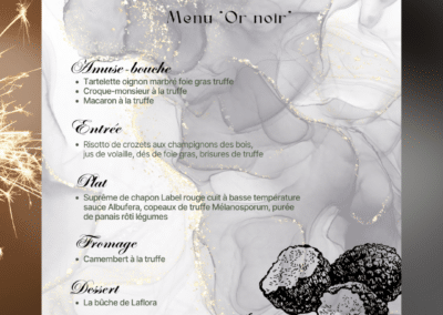 Menu du restaurant "La Flora" avec des plats sophistiqués incluant truffes et foie gras, illustré avec motif marbré élégant et truffes noires.