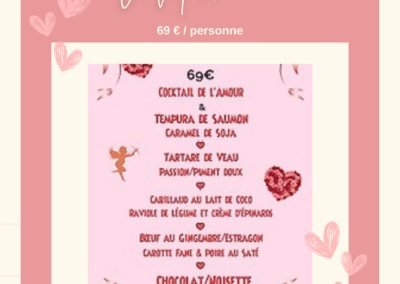 Un menu rose de restaurant "La Méditerranée", propose divers plats gastronomiques avec des cœurs illustrés, tarif fixé à 69€ par personne.