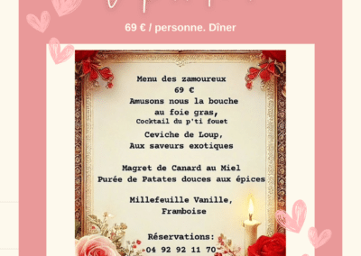 Menu romantique du restaurant "Le Petit Fouet" avec foie gras, ceviche, magret de canard et millefeuille. Réservation par téléphone indiquée.