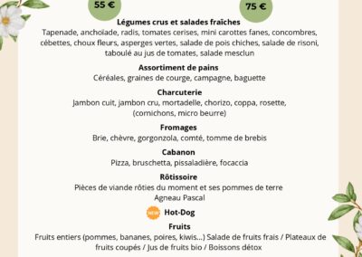 Menu de Pâques proposant buffet varié avec options végétariennes, fruits de mer, charcuterie, desserts, et boissons. Deux formules disponibles à 55€ et 75€.