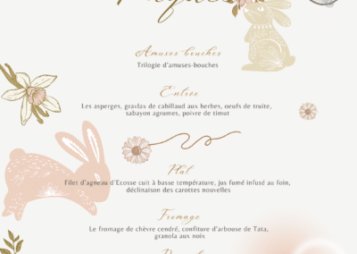Le menu de Pâques présente divers plats gourmands, décoré de fleurs et de lapins, avec un tarif de 75€ par personne.
