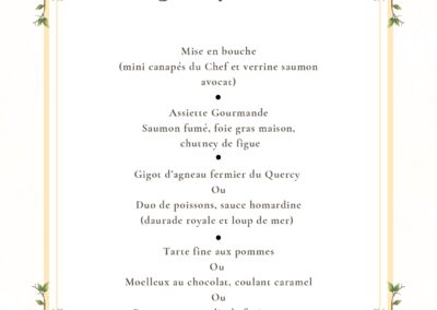 Menu de Pâques avec options de plats variés, encadré de fleurs colorées, affichant un prix de 49 €, élégant et festif.