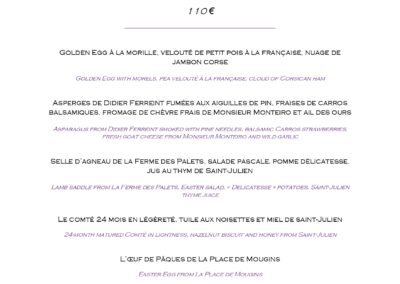 Menu spécial de Pâques de La Place de Mougins, France. Détails sur plats raffinés, prix à 110 euros.