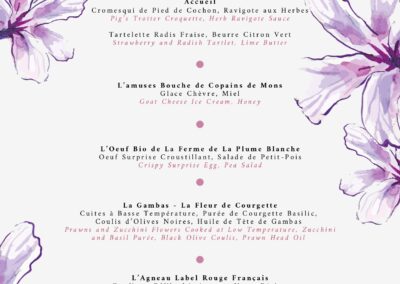 Menu du restaurant "L'Amandier de Mougins" pour le déjeuner de Pâques 2025, avec des illustrations de fleurs violettes.