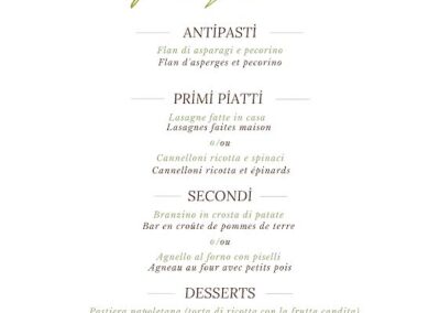 Menu de Pâques illustré de fleurs et œufs colorés, proposant des plats italiens et desserts, avec tarifs en euros par personne.