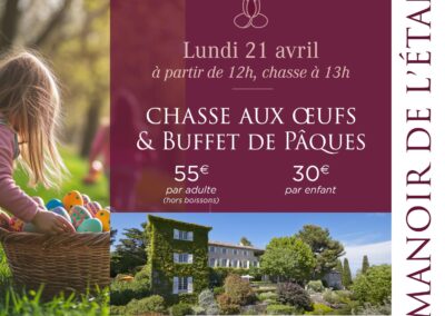 Un enfant collecte des œufs de Pâques près du Manoir de l'Étang, une belle maison entourée de jardins fleuris.