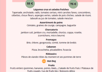 Menu de buffet « Fête des mères » avec options de plats variés, boissons incluses, affiché sur fond floral rose. Options spa disponibles.