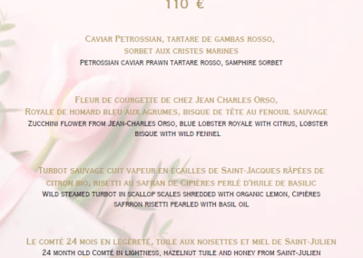 Menu de la Fête des Mères à La Place de Mougins, avec plats raffinés comme caviar Petrossian, royale de homard et dessert fruité.