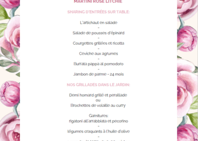 Menu de fête des mères avec fleurs, proposant cocktails, entrées variées, grillades et desserts pour 49€ par personne, incluant une bouteille Château Jasson.