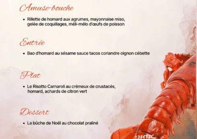 Menu de Noël avec des plats de homard, risotto, bao, bûche chocolat praliné. Tarif pour deux personnes affiché sur une image de homard.