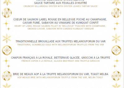 Menu festif de La Place de Mougins, spécial réveillon 2025, mettant en valeur mets raffinés, truffes, saumon et desserts délicats.