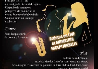 Affiche pour une soirée du Nouvel An avec menu gourmand, animation musicale live à Mougins, réservation nécessaire. Prix 94€, dress code appliqué.