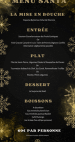 Menu festif sur fond noir et doré avec options d'entrées, plats, desserts et boissons pour 60€ par personne. Décorations de flocons dorés.